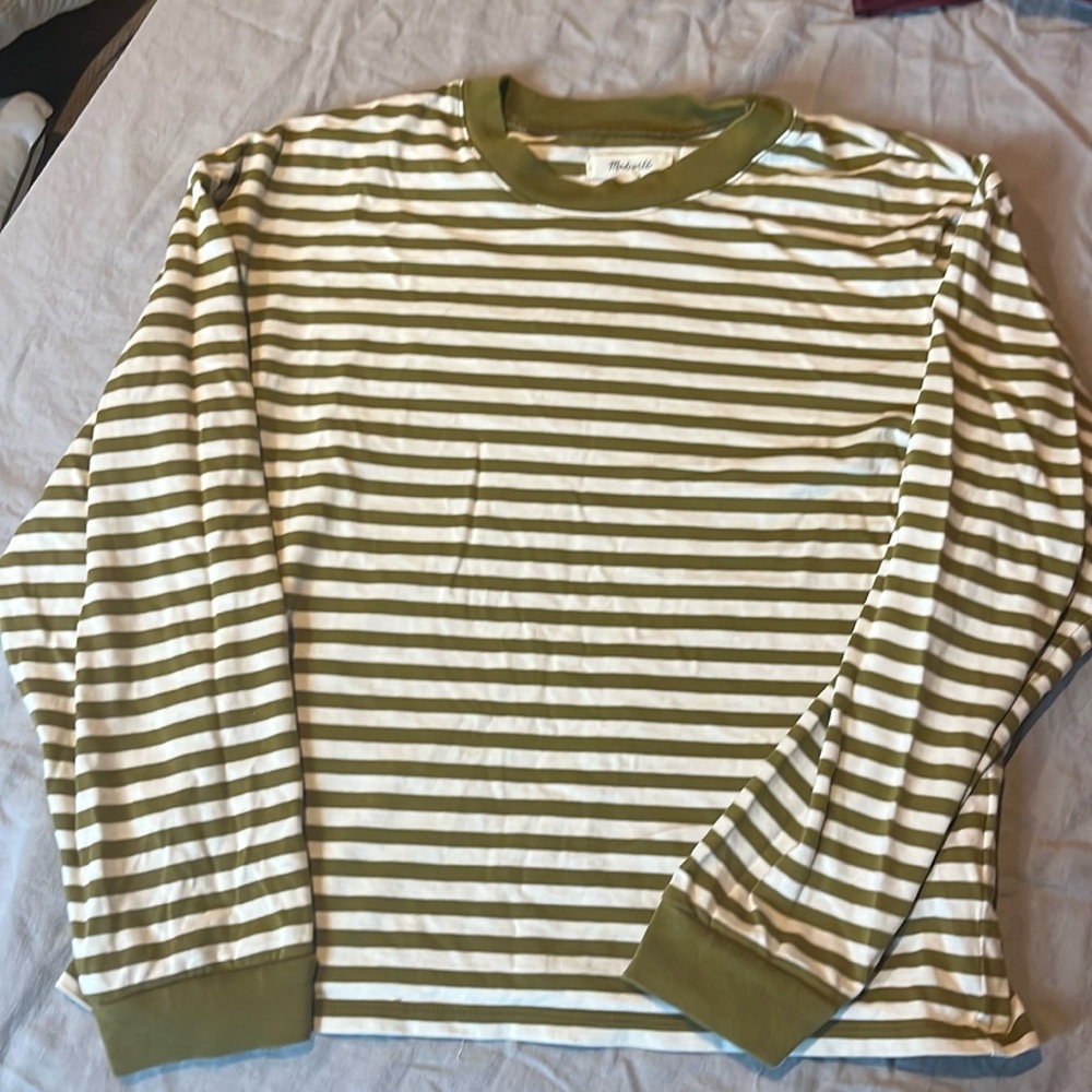 Madewell, Sage green and cream striped long sleeve shirt
